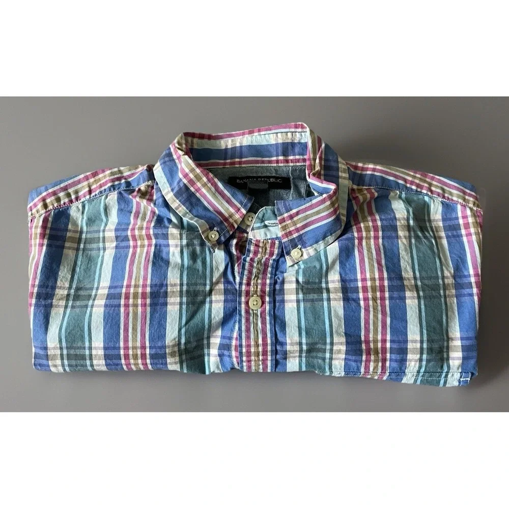 Banana Republic Short Sleeve Button Down Shirt Pink Green Blue Plaid Large JBHS